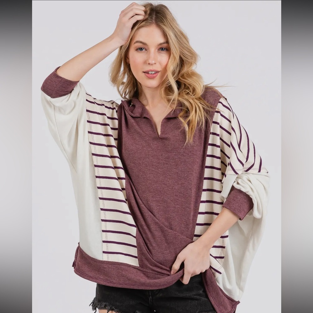 Color block Stripe Collared Pullover Soft Terry Top